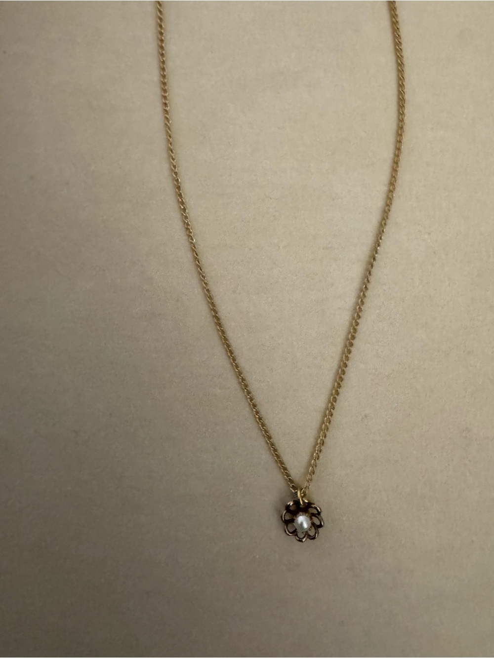 Gold Flower Pendant Necklace with Pearl Accent, Vintage 16 inch chain